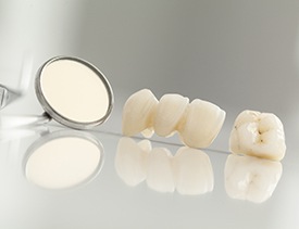 Dental crown and bridge restorations on table